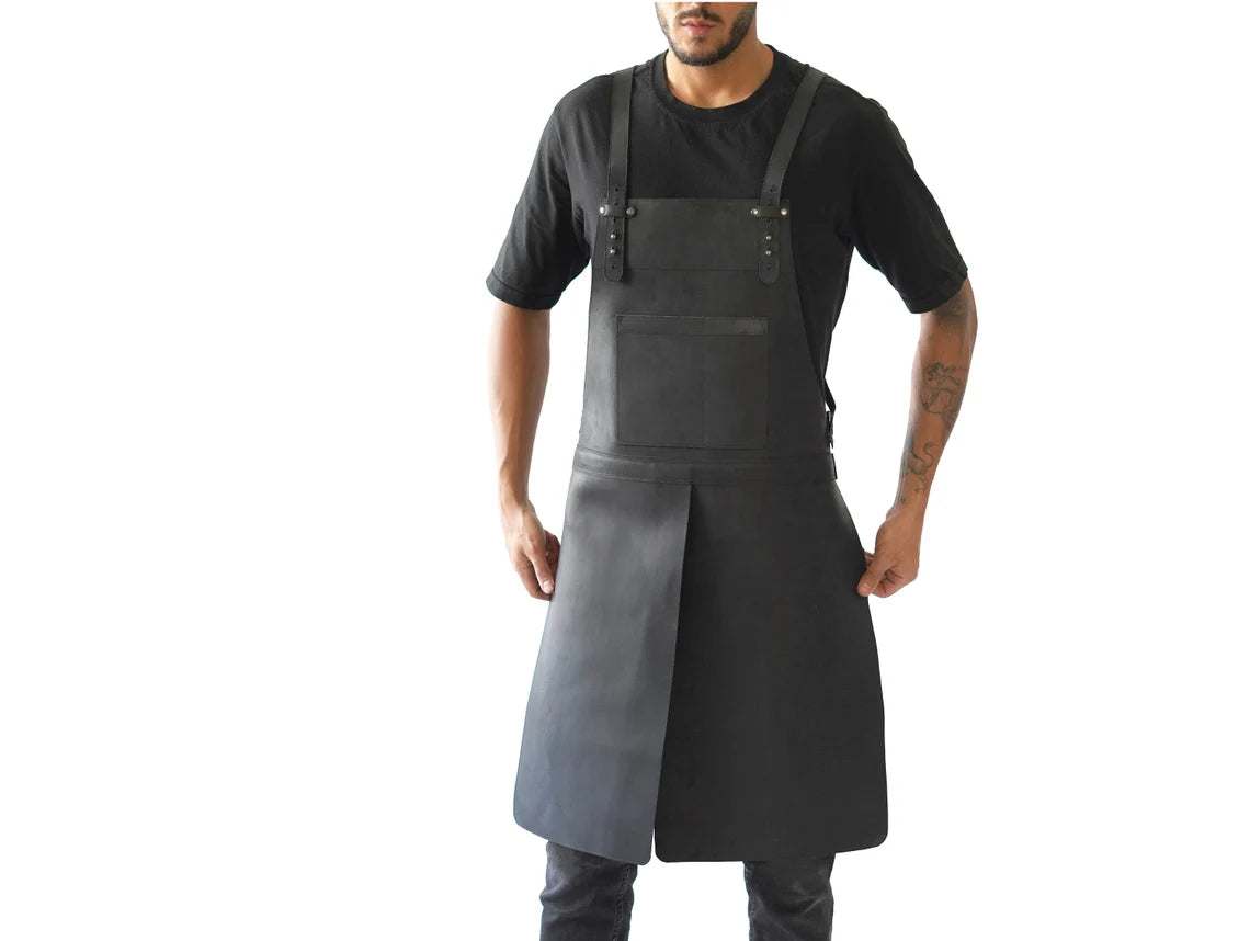 Black Leather Work Apron for Men - Rugged, Adjustable, Heavy-Duty, Full Grain, Two Pockets