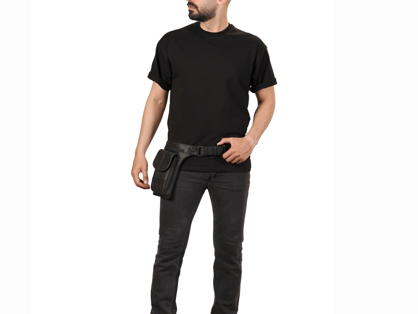 Black Leather Belt Bag – Hip Pouch Utility Belt for Men Festival, Motorcycle, Cosplay & Travel Waist Pack