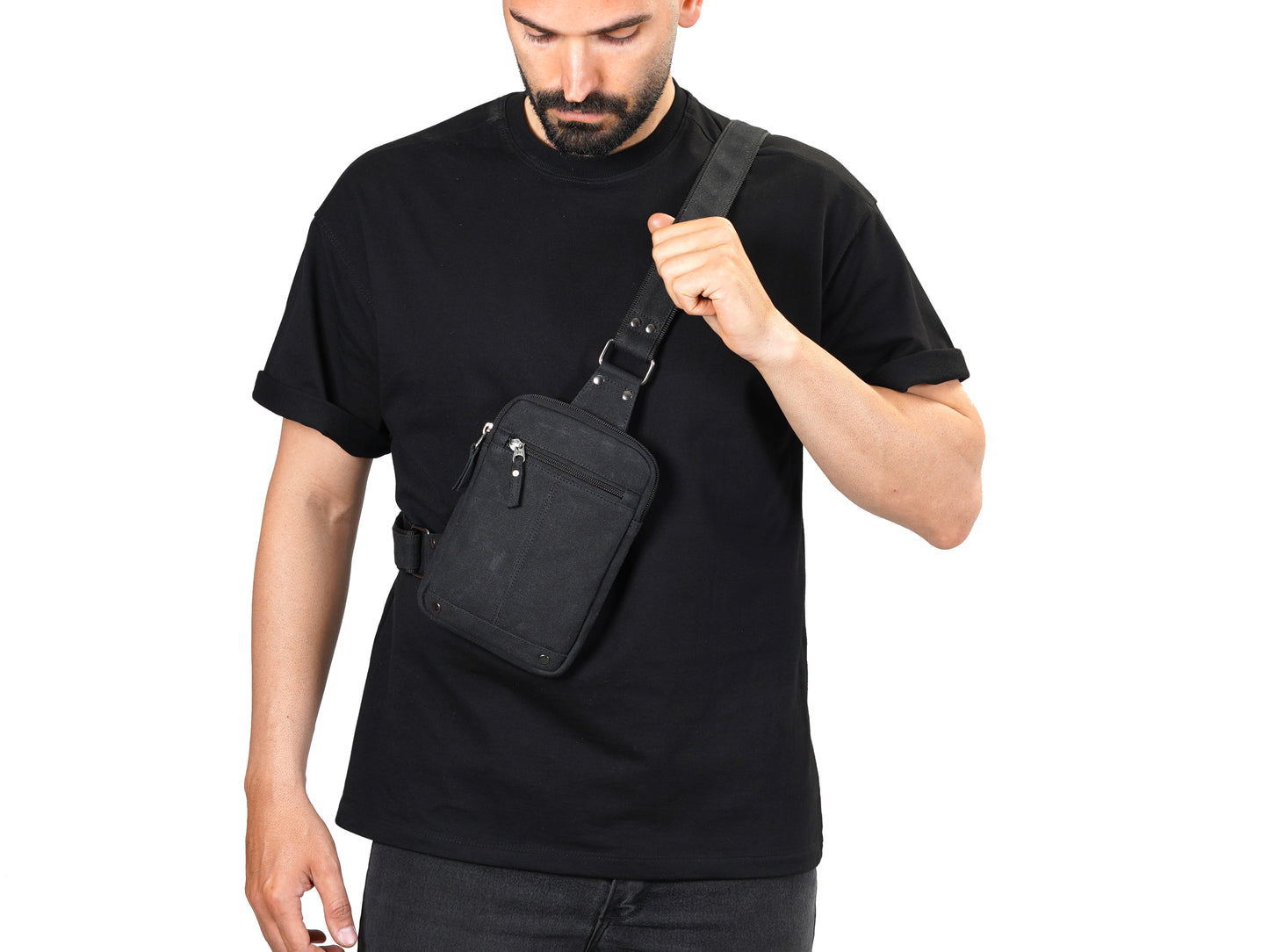 Black Chest Bag – Durable Mens Crossbody Bag for Travel - EDC Waxed Canvas Sling