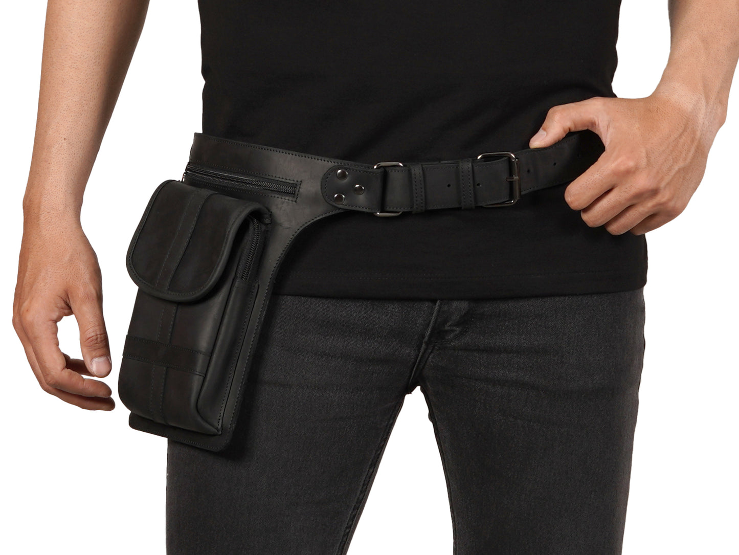Black Leather Belt Bag – Hip Pouch Utility Belt for Men Festival, Motorcycle, Cosplay & Travel Waist Pack