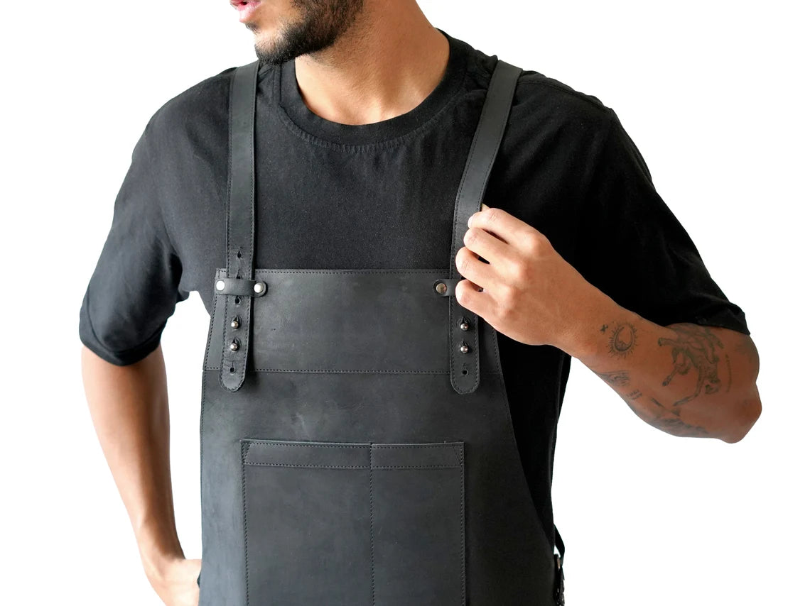 Black Leather Work Apron for Men - Rugged, Adjustable, Heavy-Duty, Full Grain, Two Pockets