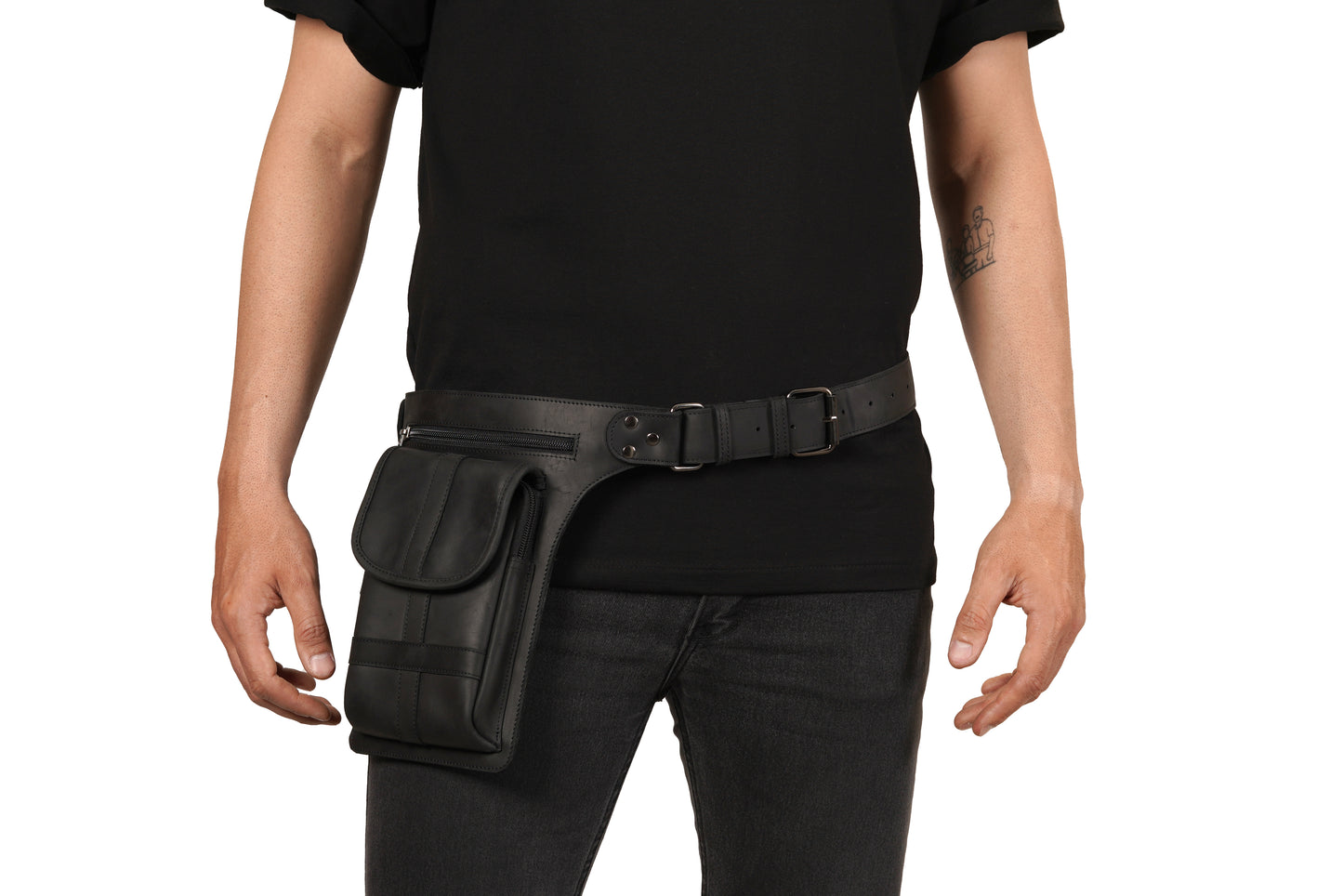 Black Leather Belt Bag – Hip Pouch Utility Belt for Men Festival, Motorcycle, Cosplay & Travel Waist Pack