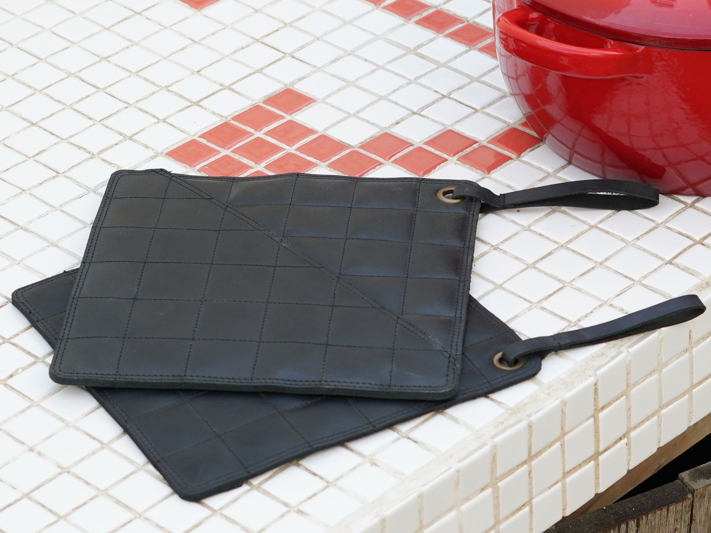 Pot Holders Pair Full Grain Leather 8” x 8” in Black