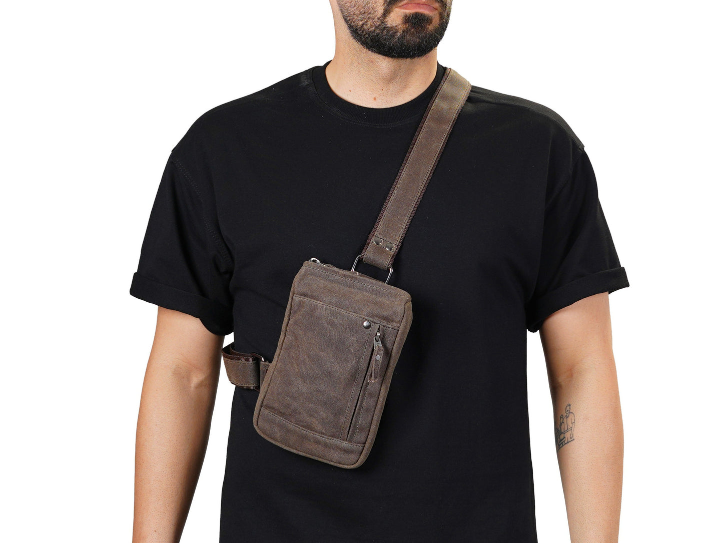 Waxed Canvas Crossbody Bag for Men – Compact EDC Sling Bag - Brown