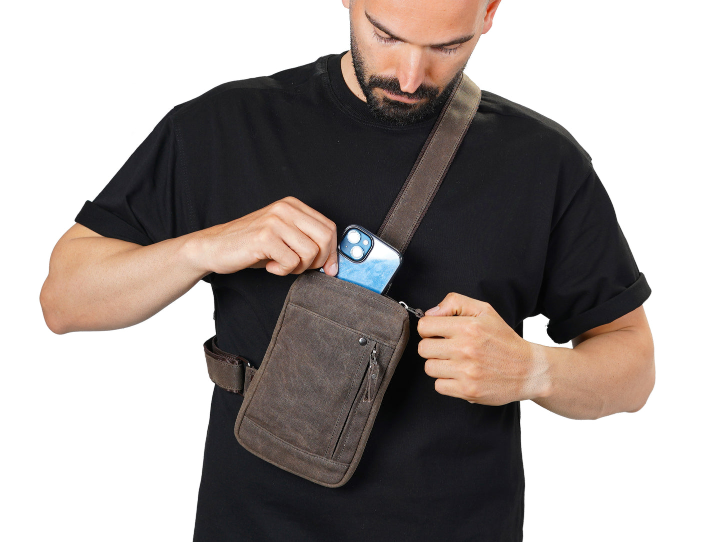 Waxed Canvas Crossbody Bag for Men – Compact EDC Sling Bag - Brown