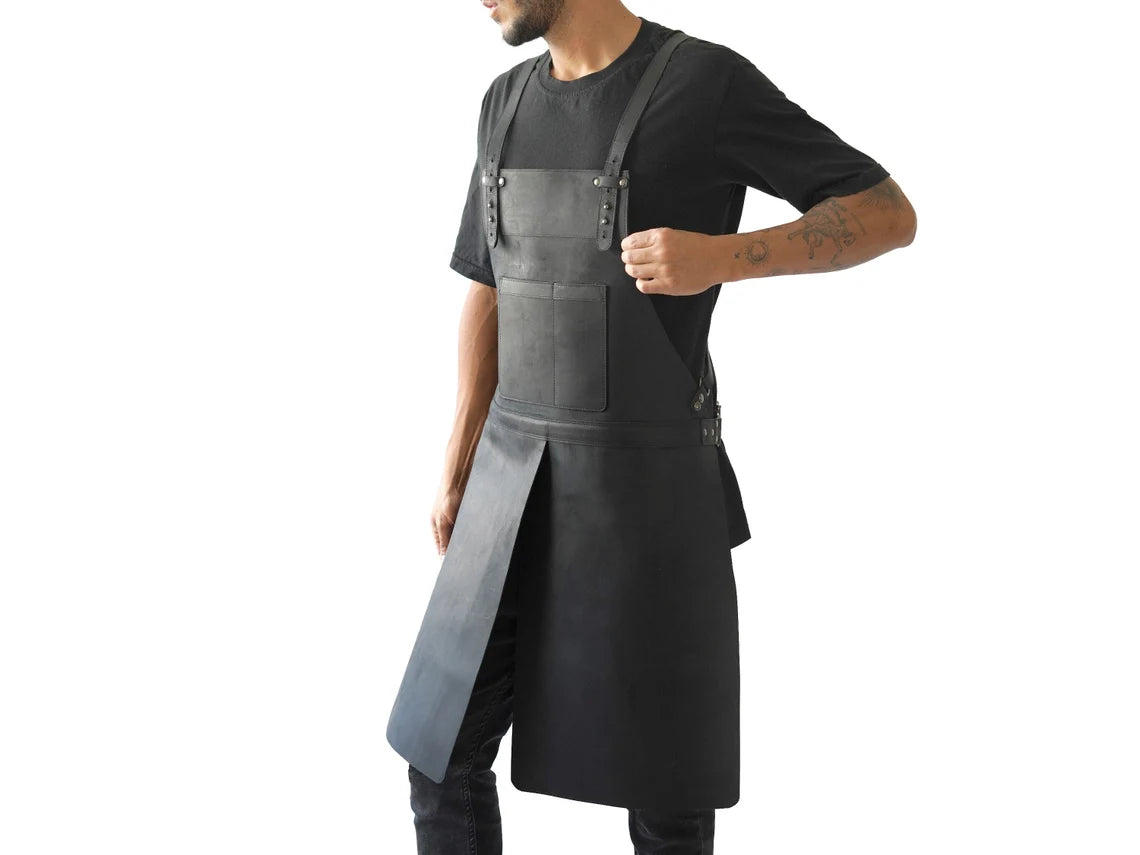 Black Leather Work Apron for Men - Rugged, Adjustable, Heavy-Duty, Full Grain, Two Pockets