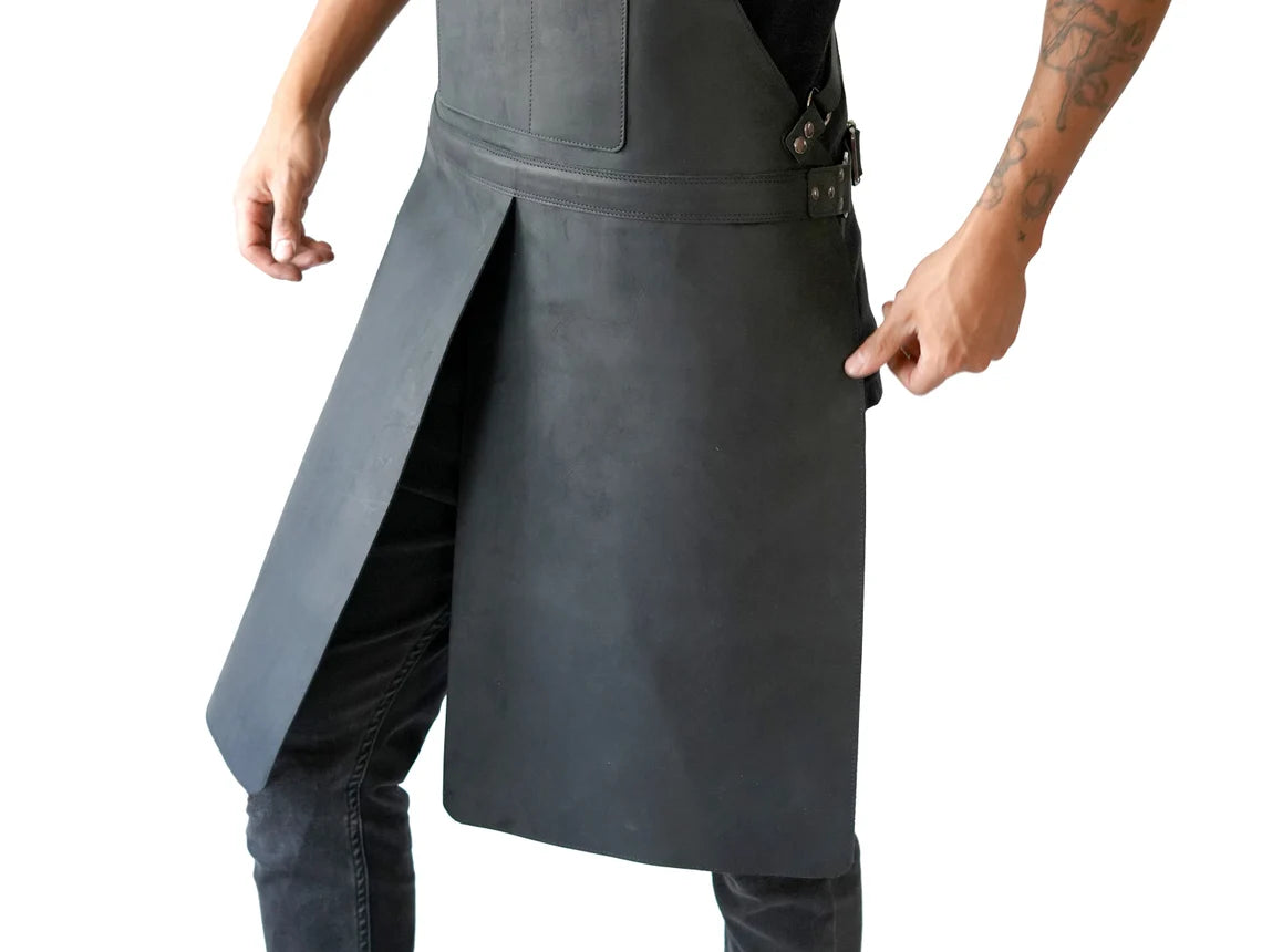 Black Leather Work Apron for Men - Rugged, Adjustable, Heavy-Duty, Full Grain, Two Pockets