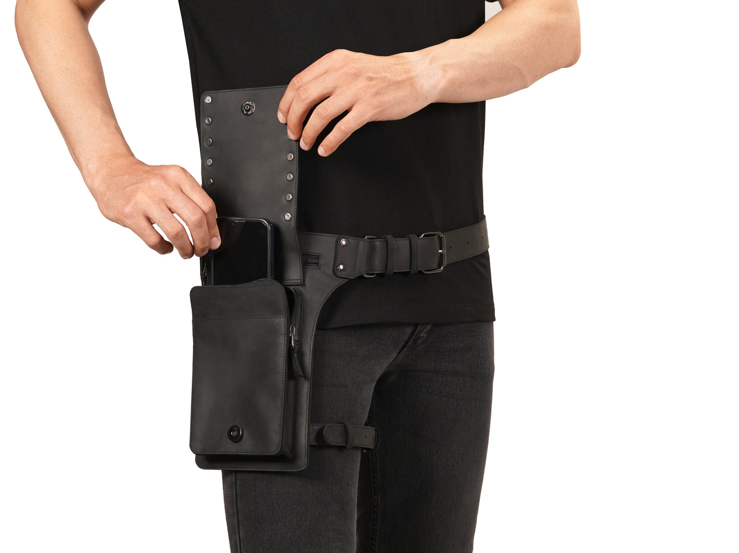 Black Leather Thigh Bag – Leg Holster Utility Belt for Men - Travel Hip Pouch and Leg Pack