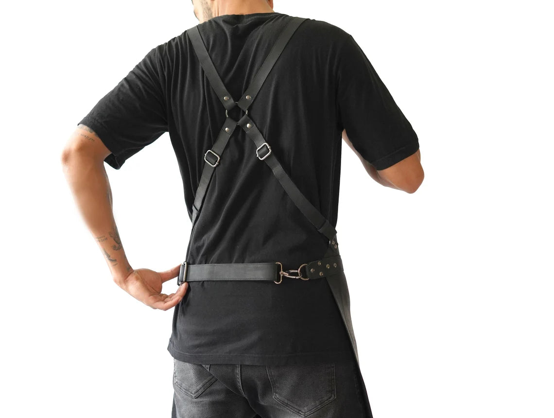 Black Leather Work Apron for Men - Rugged, Adjustable, Heavy-Duty, Full Grain, Two Pockets
