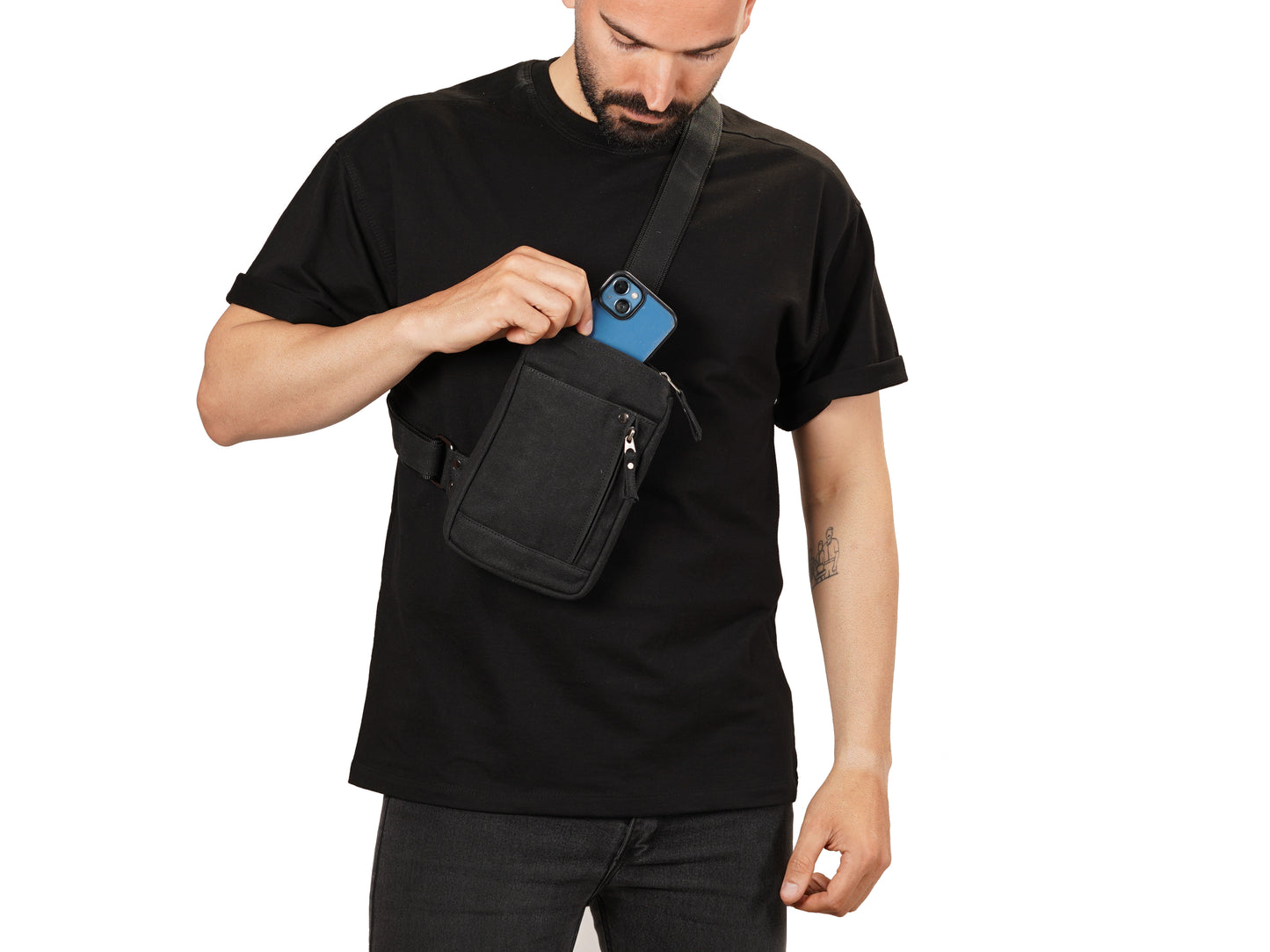 Waxed Canvas Crossbody Bag for Men – Compact EDC Sling Bag - Black