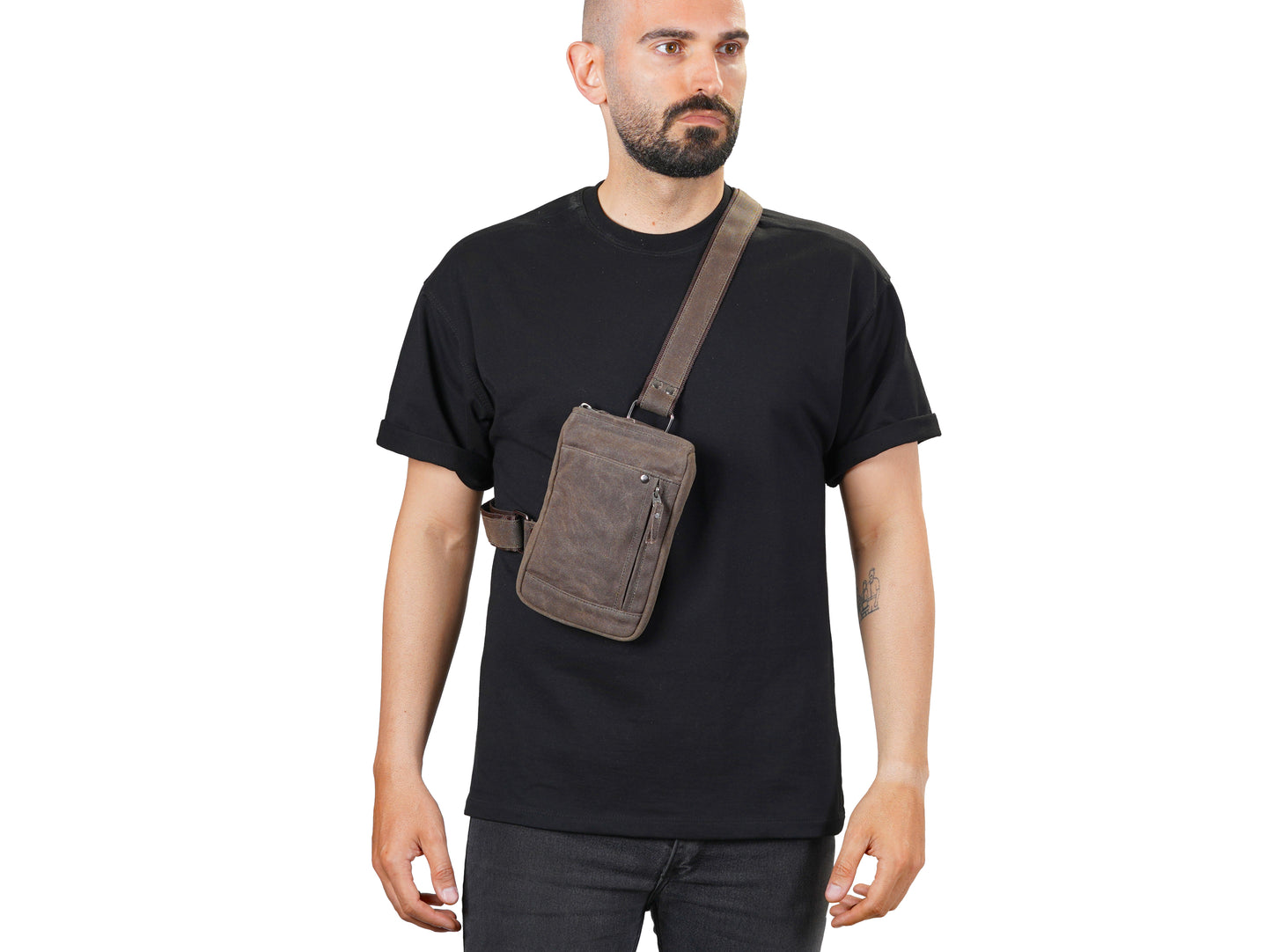 Waxed Canvas Crossbody Bag for Men – Compact EDC Sling Bag - Brown