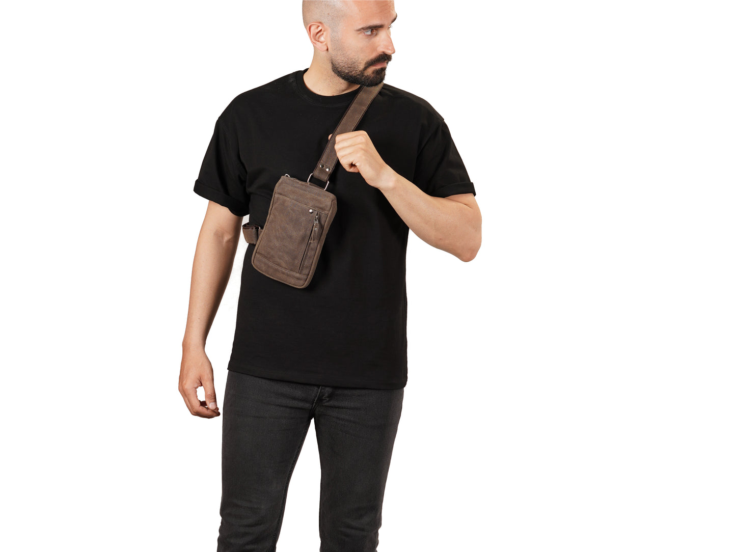 Waxed Canvas Crossbody Bag for Men – Compact EDC Sling Bag - Brown