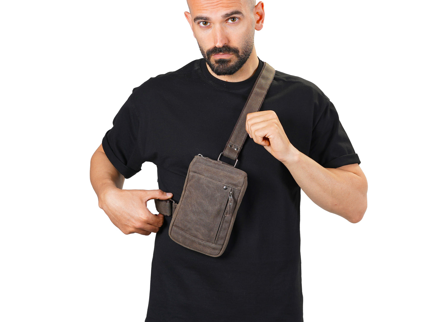 Waxed Canvas Crossbody Bag for Men – Compact EDC Sling Bag - Brown
