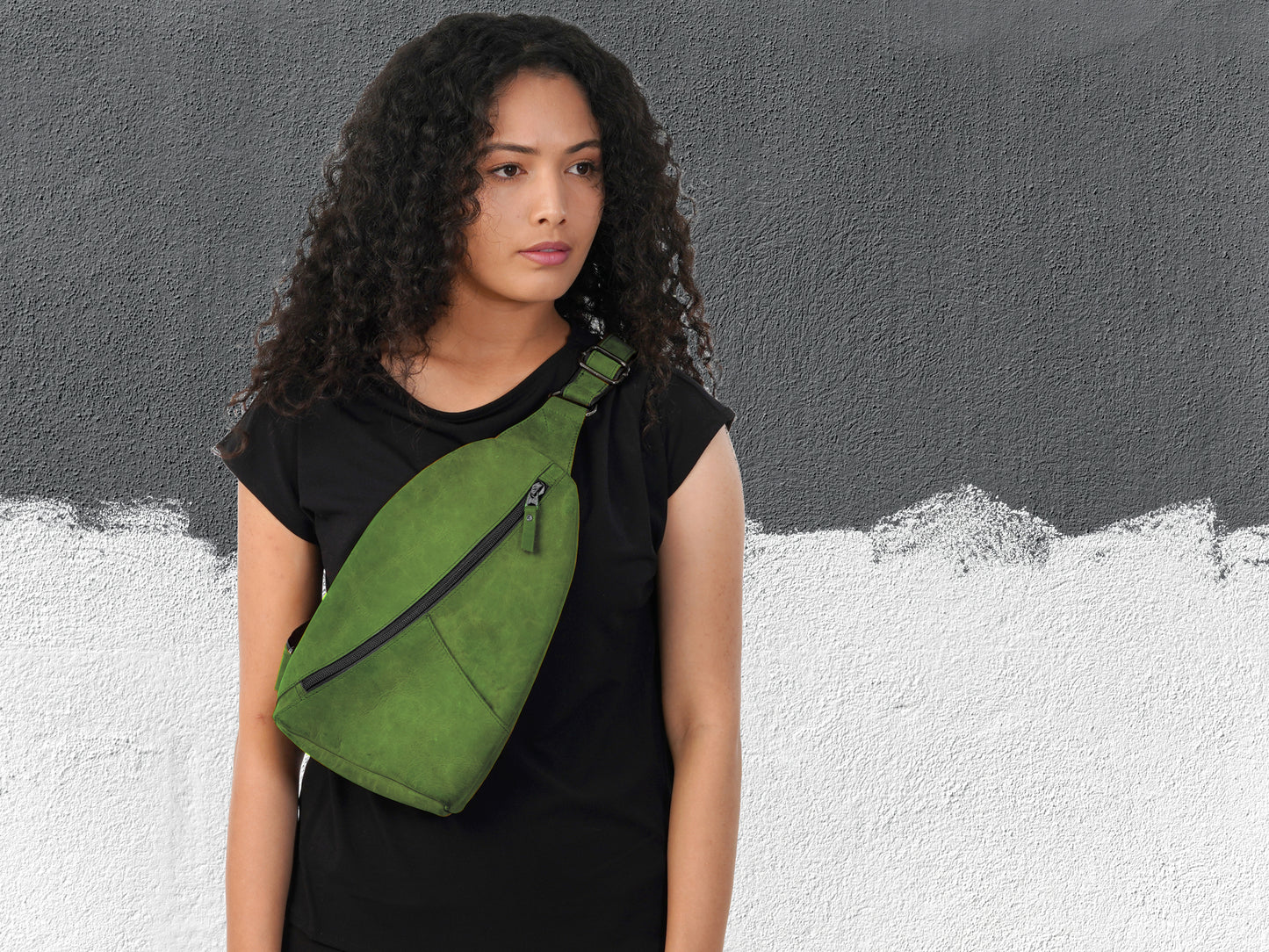 Green Leather Crossbody Bag - EDC Sling Bag with Adjustable Strap