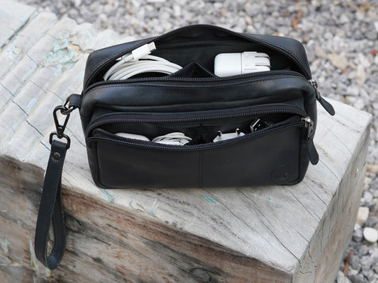 Travel Cable Organizer Bag for Chargers and Tech Accessories Black Leather