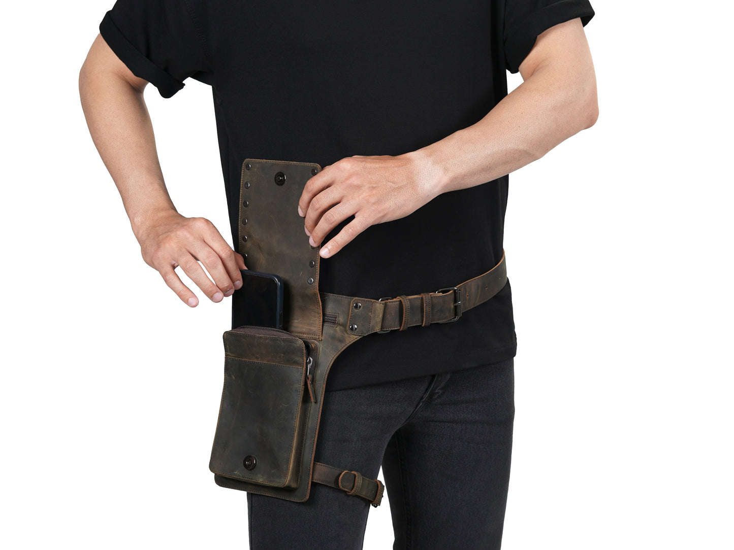 Brown Leather Thigh Bag – Leg Holster Utility Belt for Men with Hidden Pocket