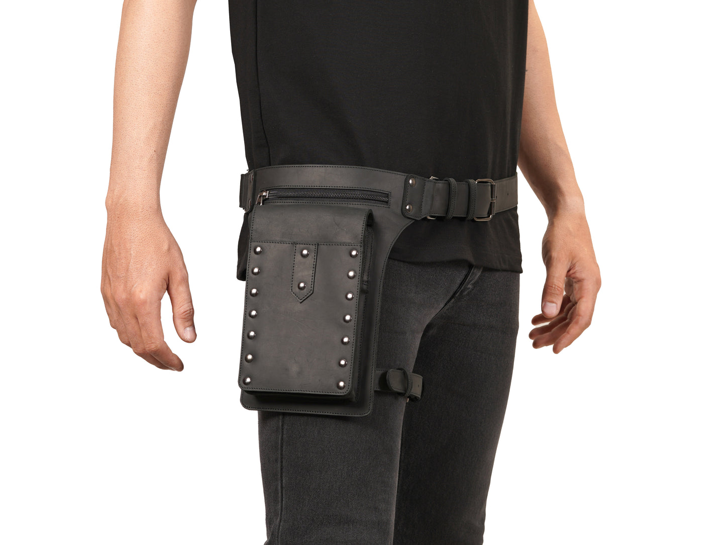 Black Leather Thigh Bag – Leg Holster Utility Belt for Men - Travel Hip Pouch and Leg Pack