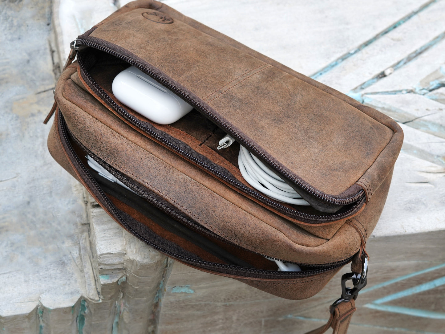 Travel Cable Organizer Bag for Chargers and Tech Accessories Brown Leather