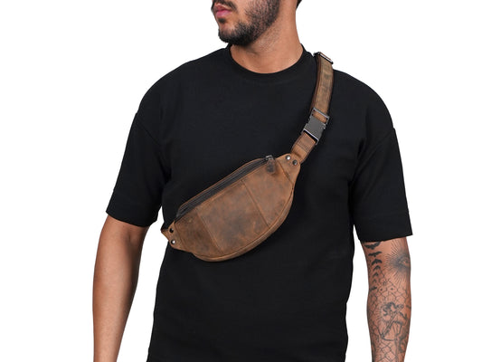 Mens Crossbody Sling Bag Leather Fanny Pack Chest Bag Brown