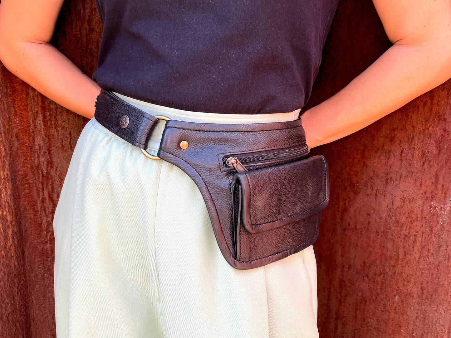 Belt Bag Fanny Pack Black Leather Travel Belt Unisex 32” - 44”