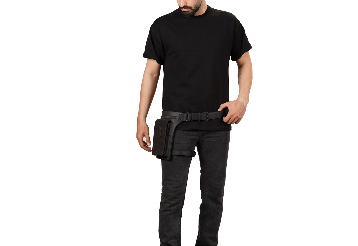 Black Leather Thigh Bag – Leg Holster Utility Belt for Men - Travel Hip Pouch and Leg Pack