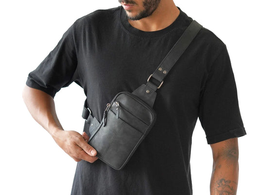 Leather Crossbody Bag Sling Chest Bag Travel bag in Black