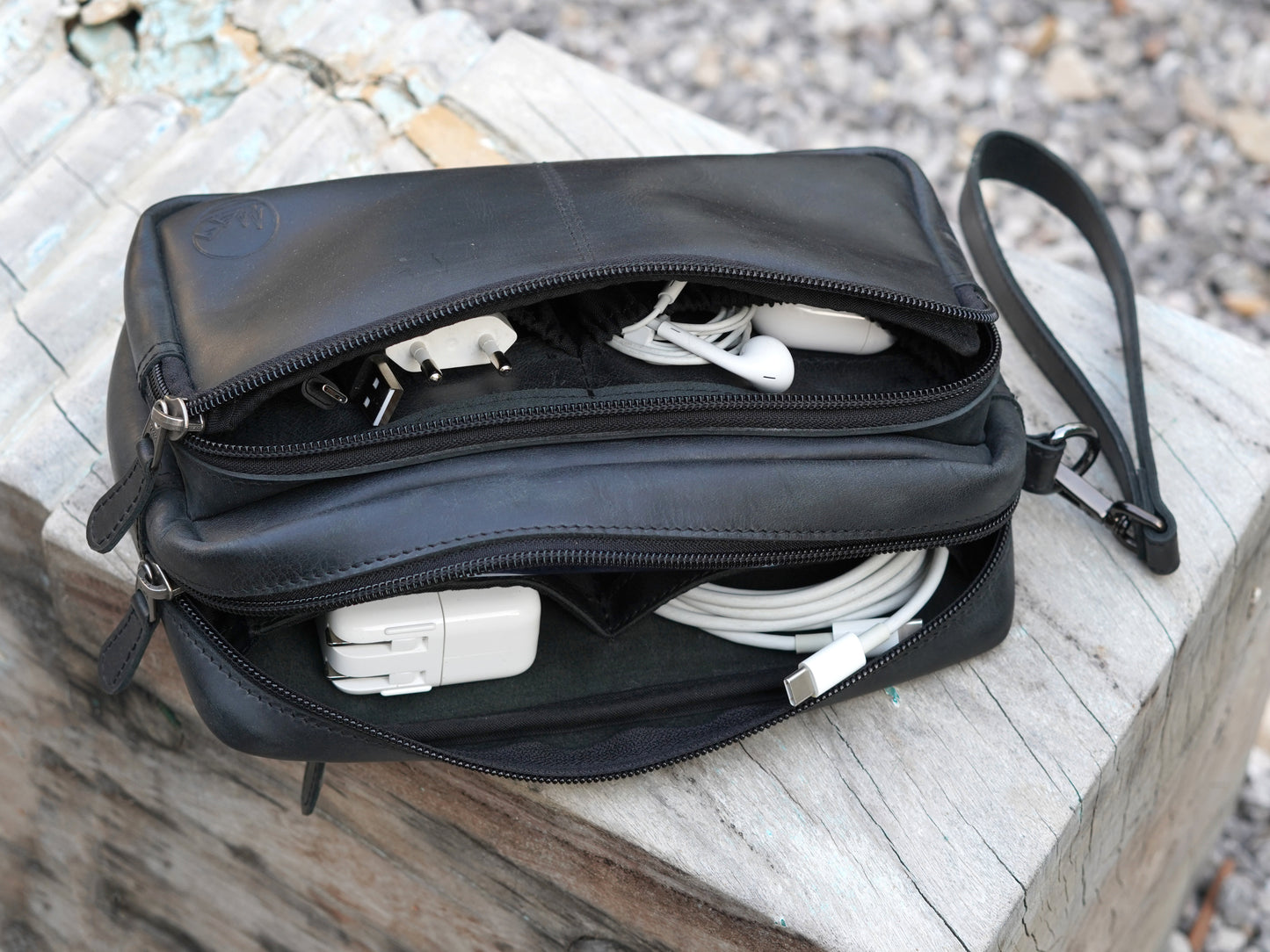 Travel Cable Organizer Bag for Chargers and Tech Accessories Black Leather