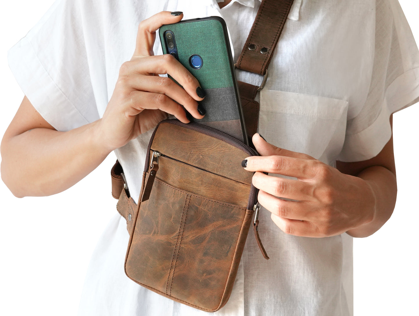 Leather Crossbody Bag Sling Chest Bag Travel bag in Brown