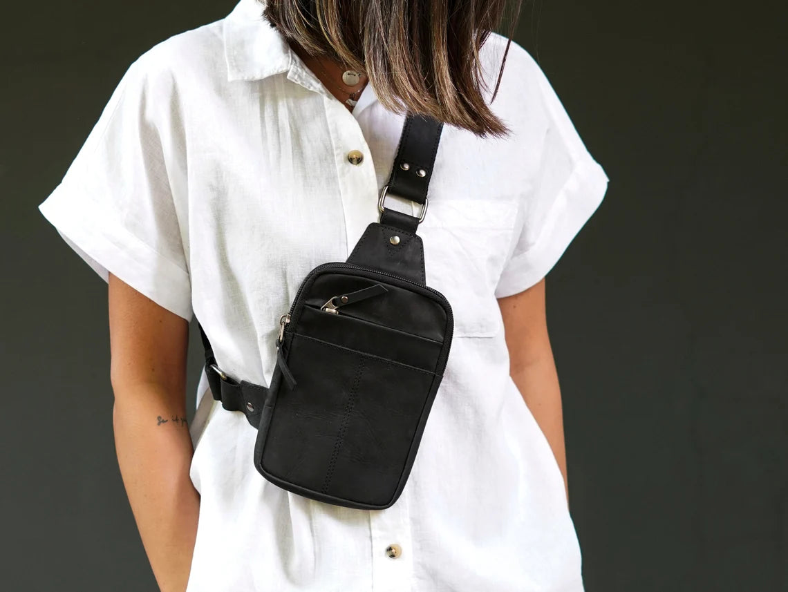 Leather Crossbody Bag Sling Chest Bag Travel bag in Black