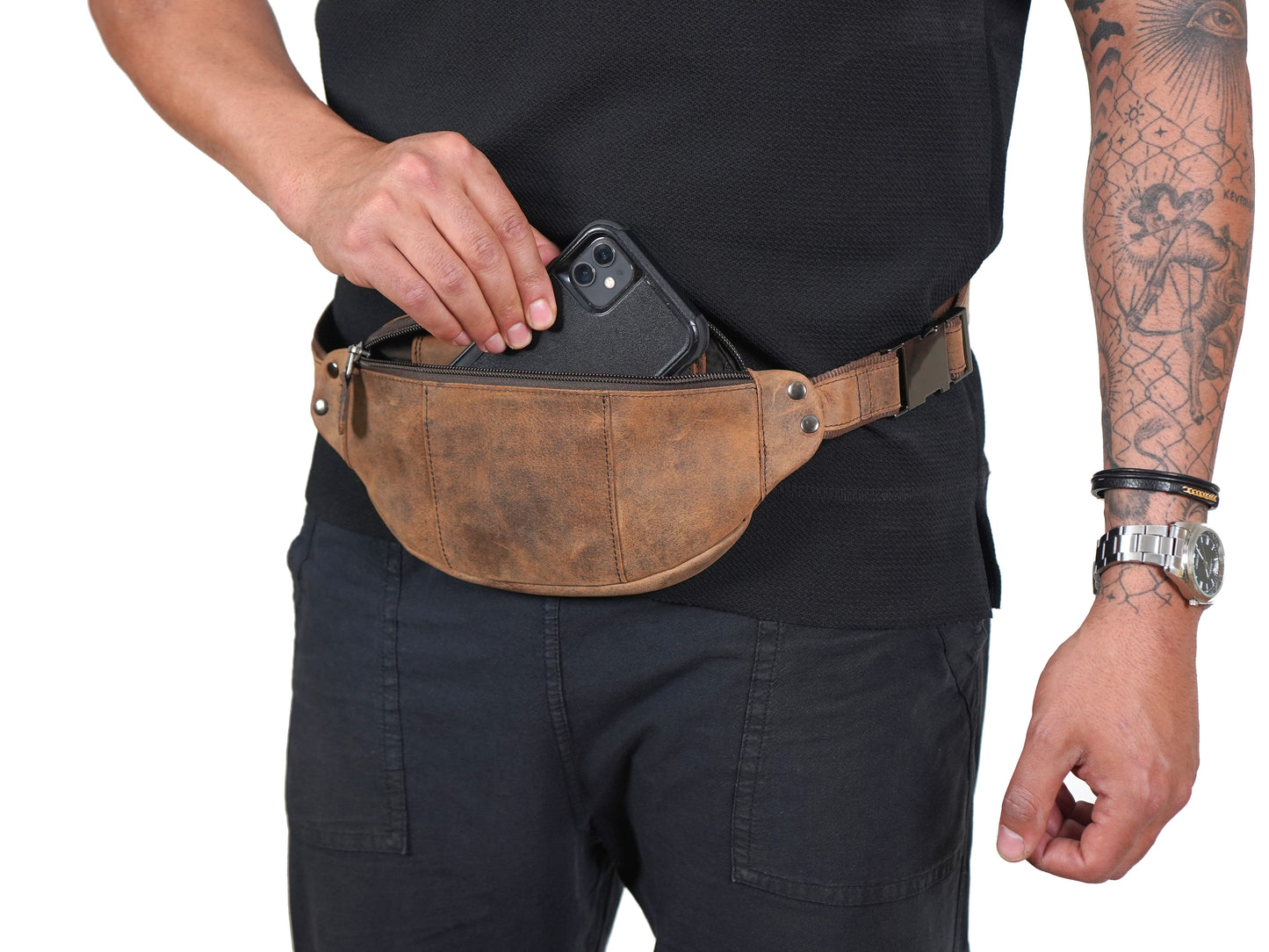 Mens Crossbody Sling Bag Leather Fanny Pack Chest Bag Brown