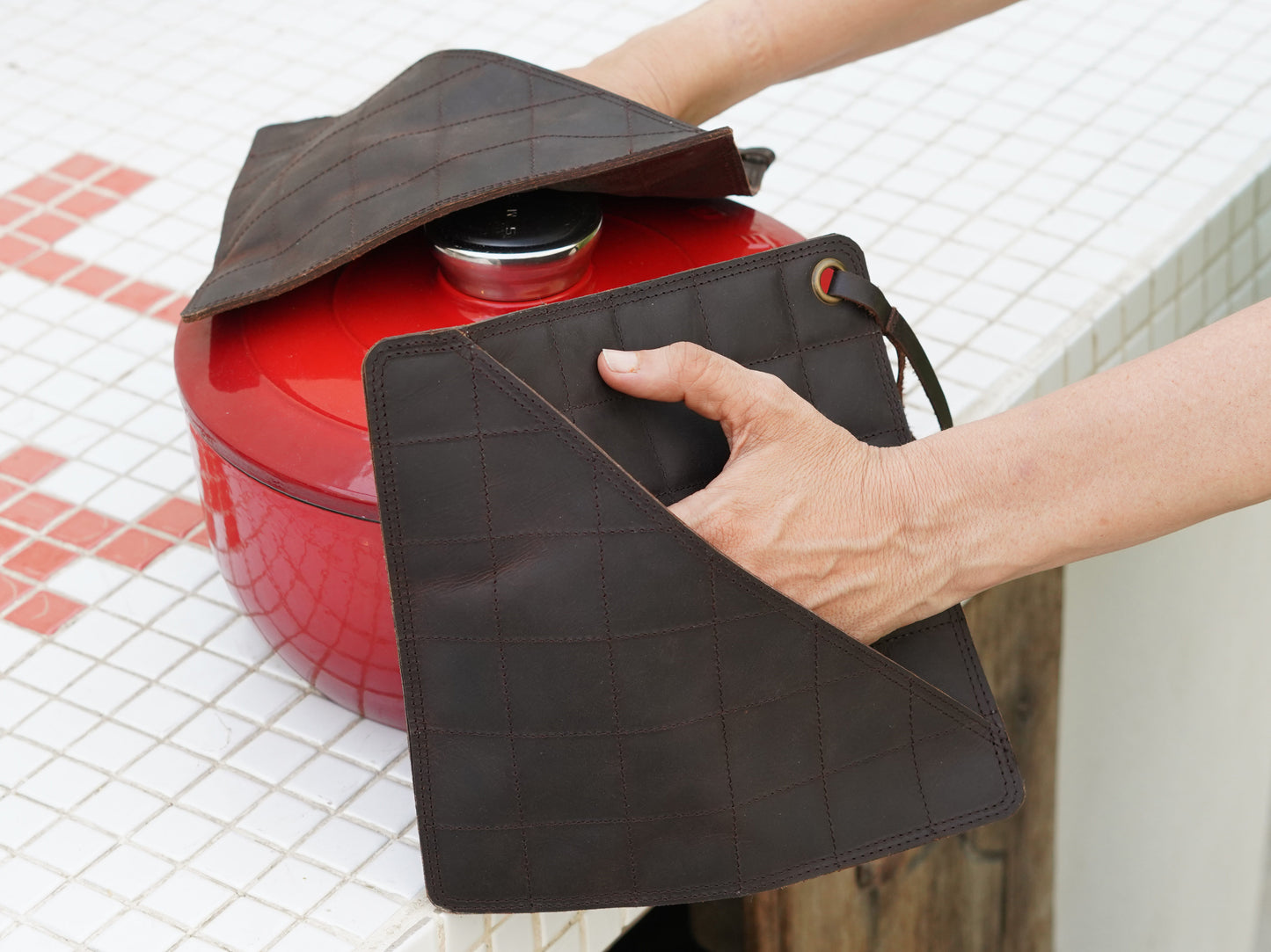 Pot Holders Pair Full Grain Leather 8” x 8” in Brown