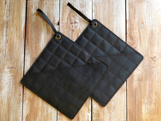 Pot Holders Pair Full Grain Leather 8” x 8” in Brown