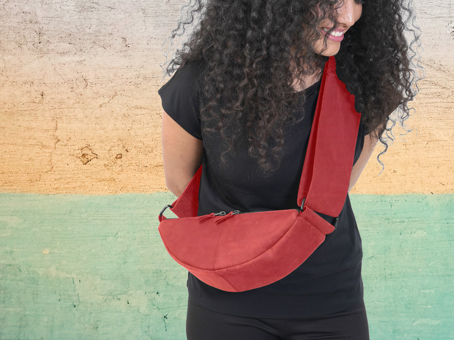 Red Leather Sling Bag for Women – Half Moon Crossbody Purse with Zipper Pockets