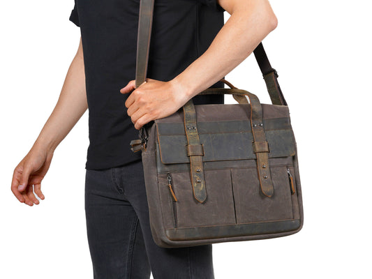 Mens Waxed Canvas Messenger Bag – 13" 14" 15" Laptop Bag with Leather Accents - Rugged Shoulder Bag for Work, Travel, or Daily Commute