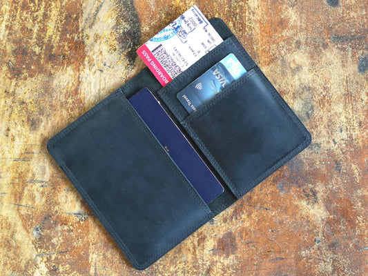 Leather Passport Holder Travel Document Wallet in Black