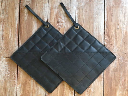 Pot Holders Pair Full Grain Leather 8” x 8” in Black