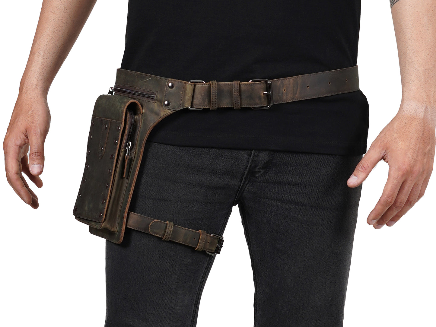 Brown Leather Thigh Bag – Leg Holster Utility Belt for Men with Hidden Pocket