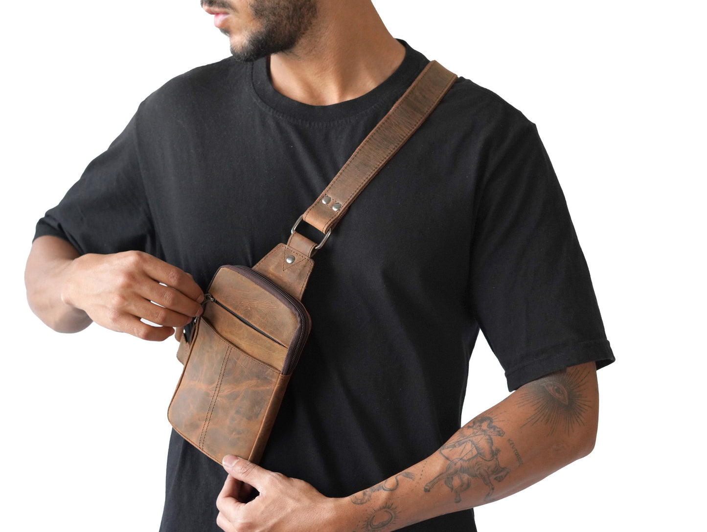 Leder Umhängetasche für Herren Sling Bag Brusttasche Reisetasche Mann