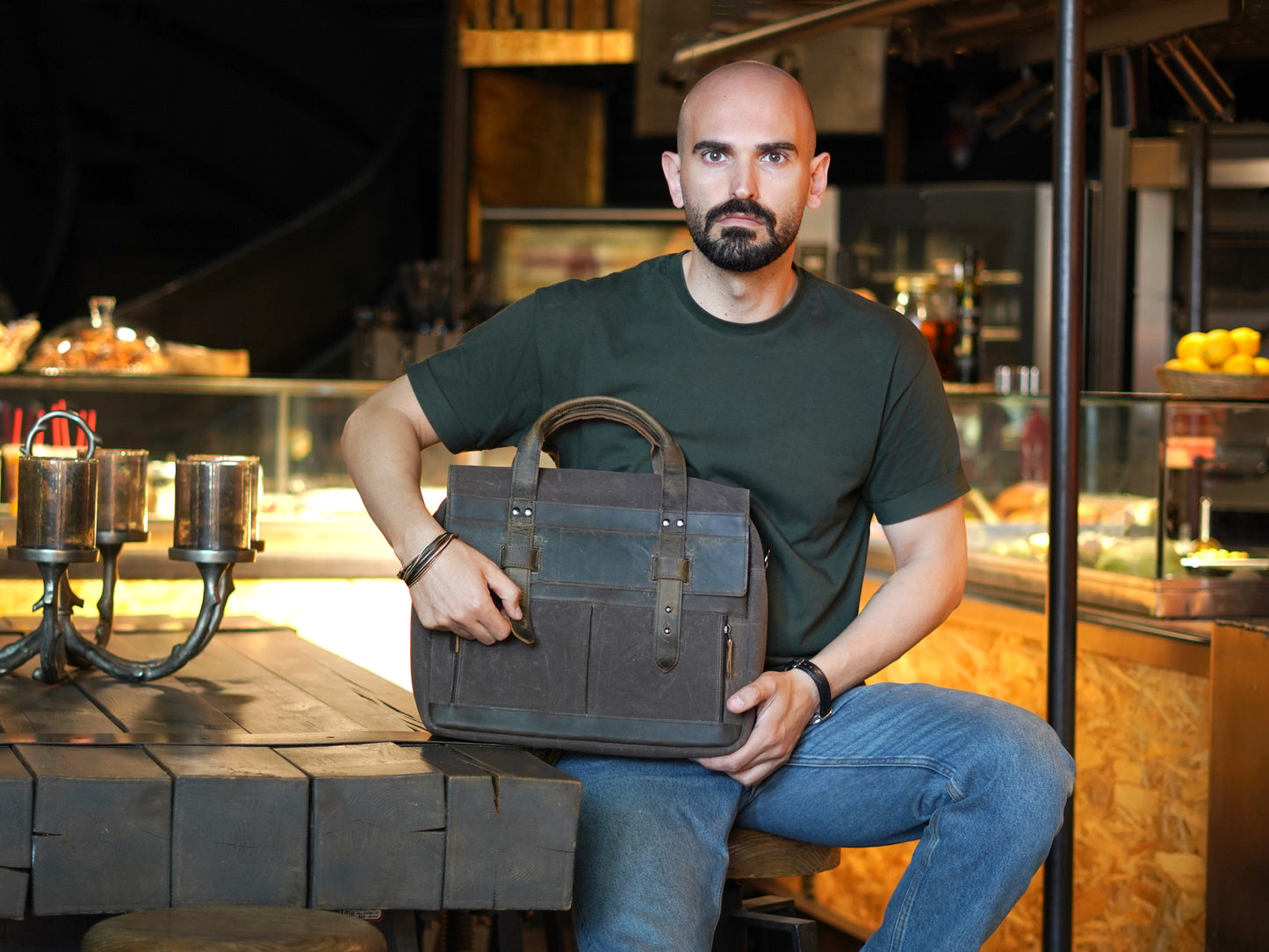 Mens Waxed Canvas Messenger Bag – 13" 14" 15" Laptop Bag with Leather Accents - Rugged Shoulder Bag for Work, Travel, or Daily Commute