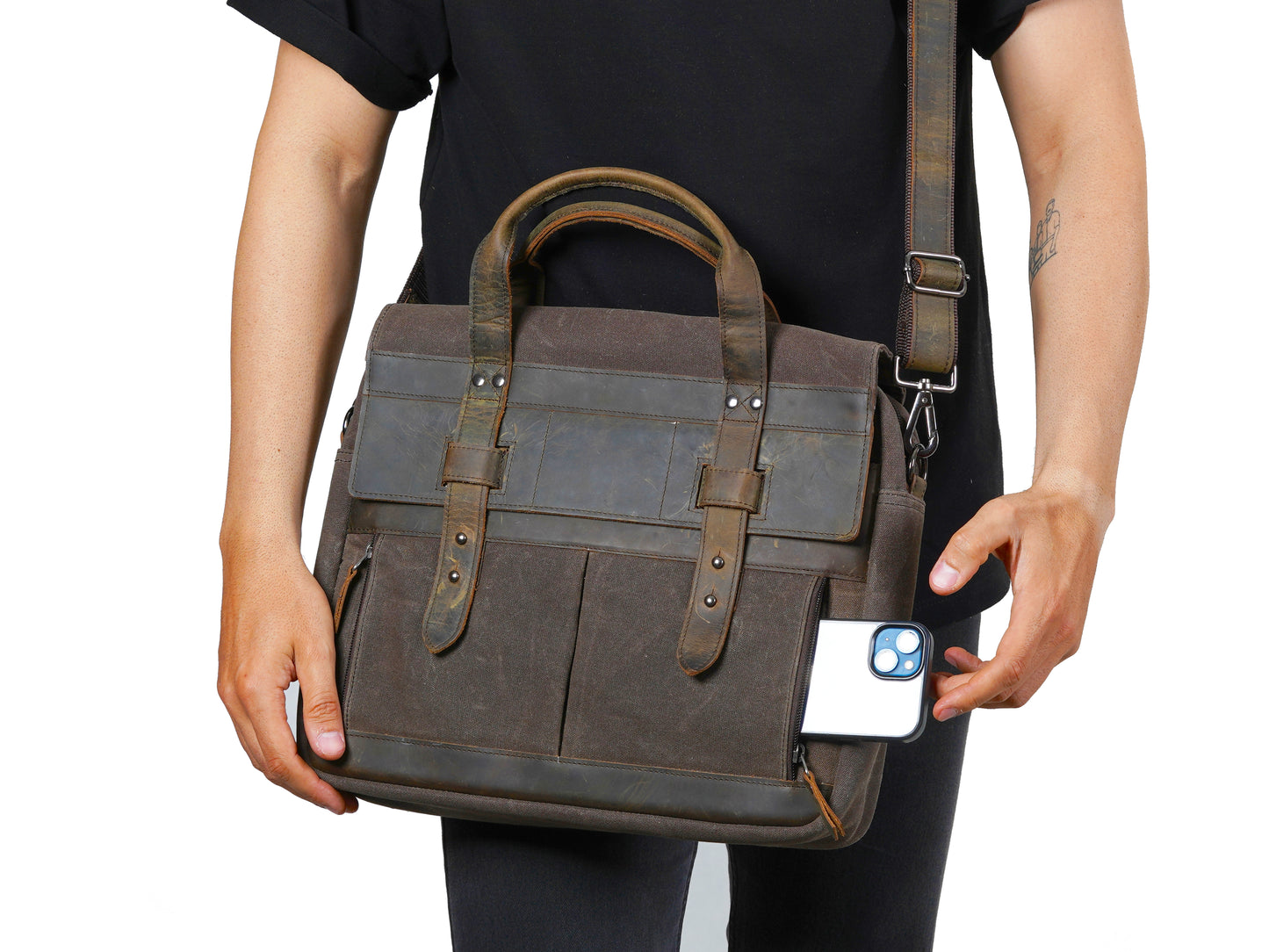 Mens Waxed Canvas Messenger Bag – 13" 14" 15" Laptop Bag with Leather Accents - Rugged Shoulder Bag for Work, Travel, or Daily Commute