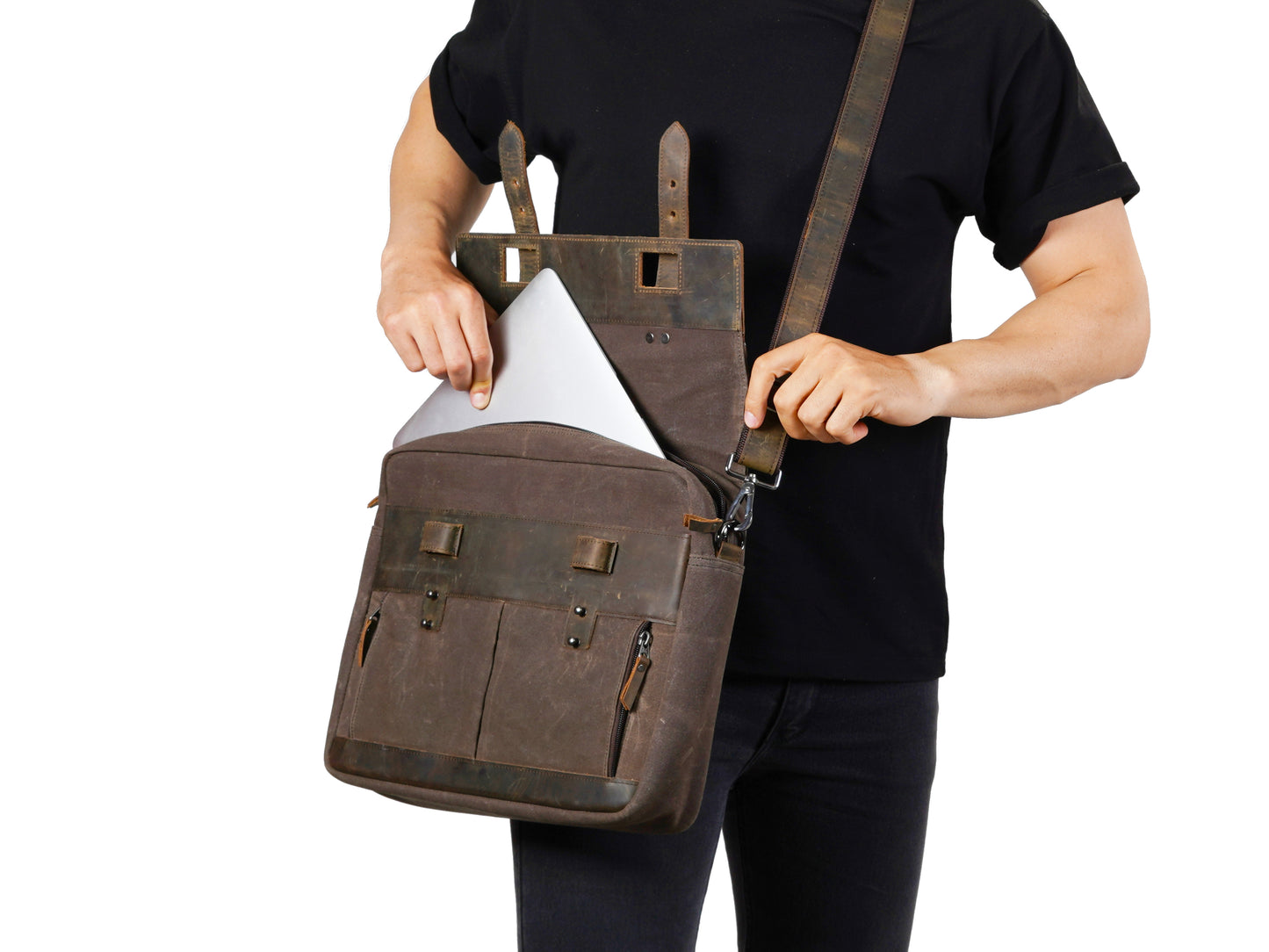 Mens Waxed Canvas Messenger Bag – 13" 14" 15" Laptop Bag with Leather Accents - Rugged Shoulder Bag for Work, Travel, or Daily Commute