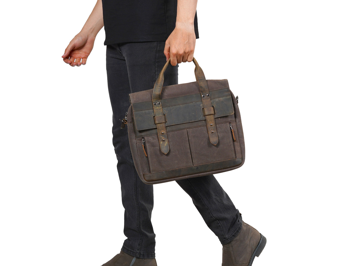 Mens Waxed Canvas Messenger Bag – 13" 14" 15" Laptop Bag with Leather Accents - Rugged Shoulder Bag for Work, Travel, or Daily Commute