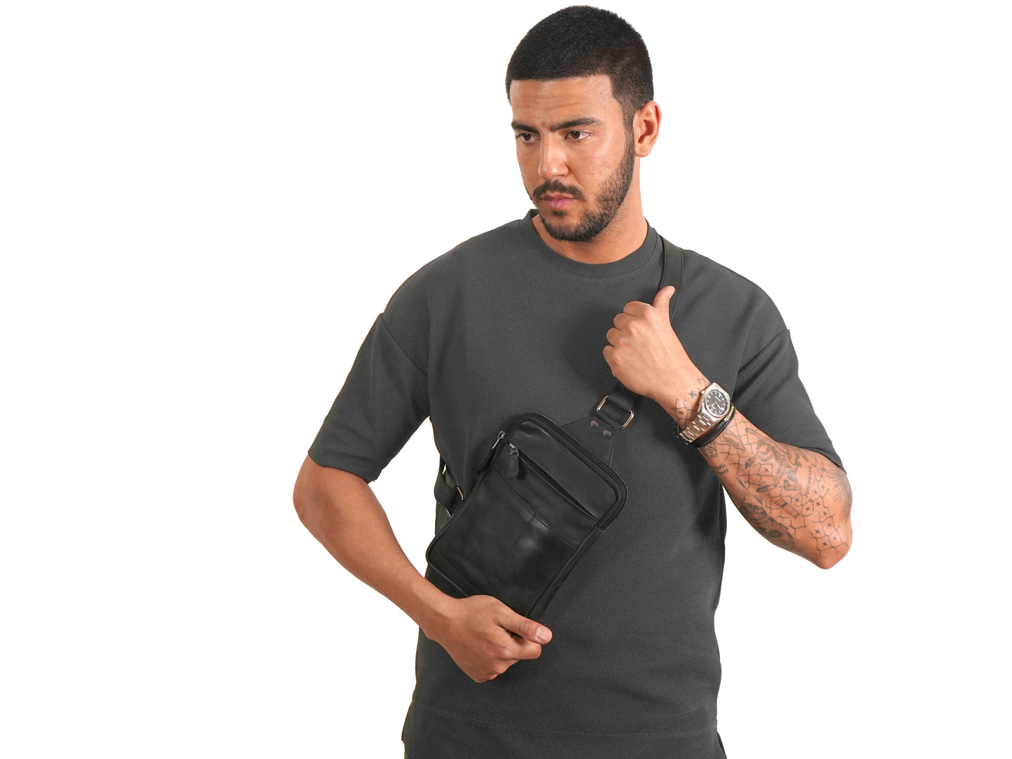 Umhängetasche für Herren Brusttasche Schwarz Leder