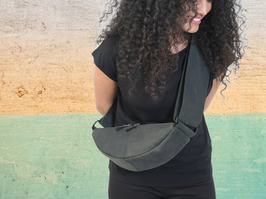 Black Leather Half Moon Crossbody Bag for Women - Sling Purse with Zipper Compartments