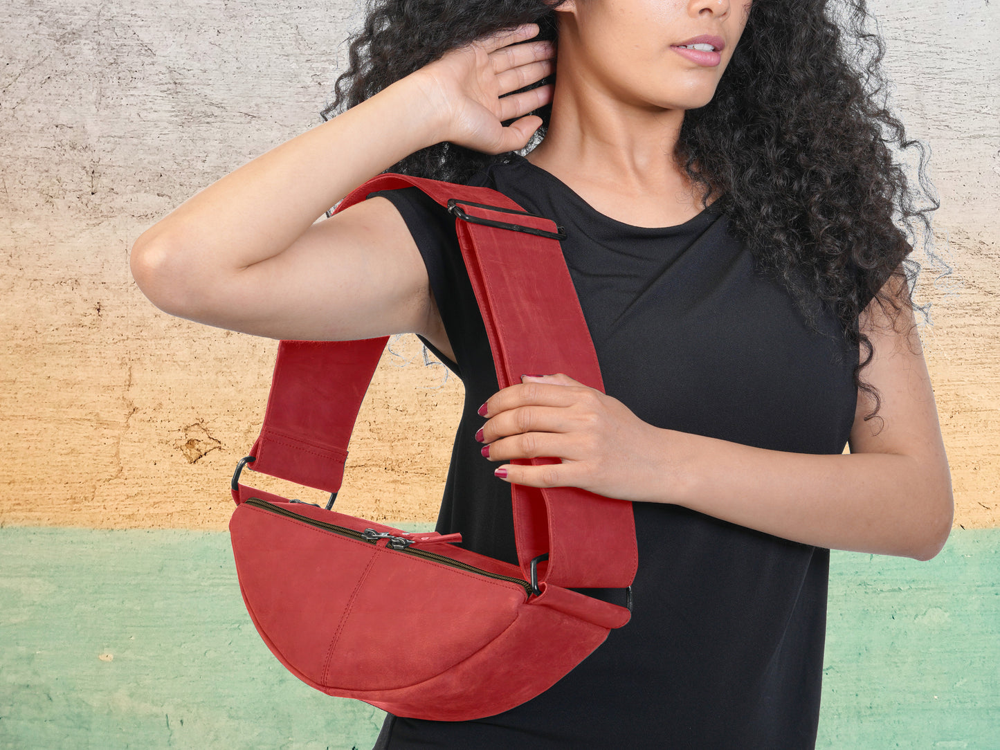 Red Leather Sling Bag for Women – Half Moon Crossbody Purse with Zipper Pockets