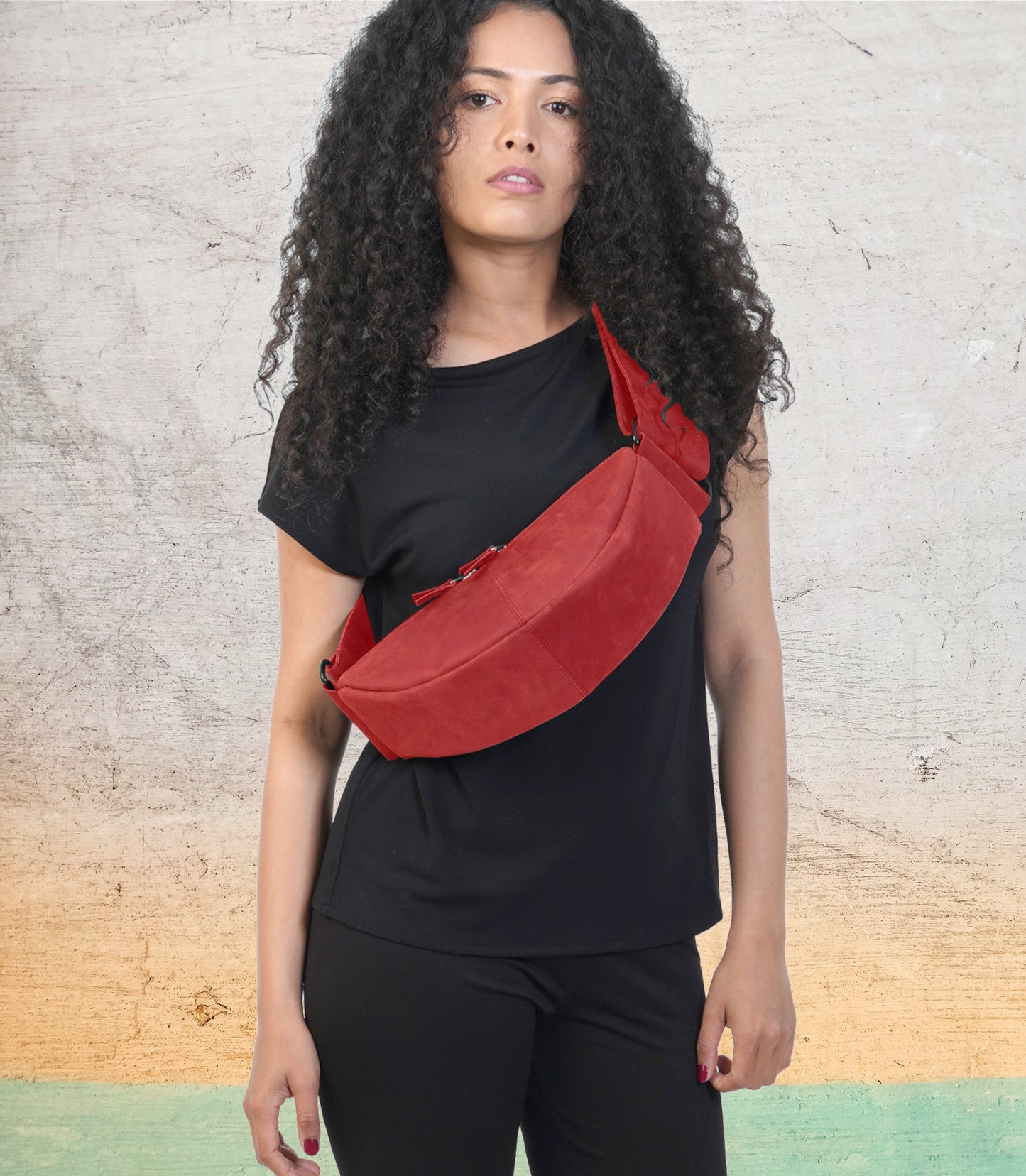 Red Leather Sling Bag for Women – Half Moon Crossbody Purse with Zipper Pockets