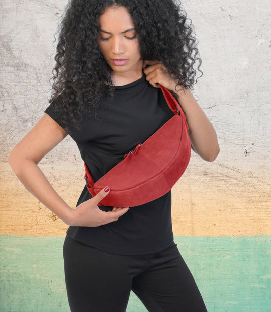 Red Leather Sling Bag for Women – Half Moon Crossbody Purse with Zipper Pockets
