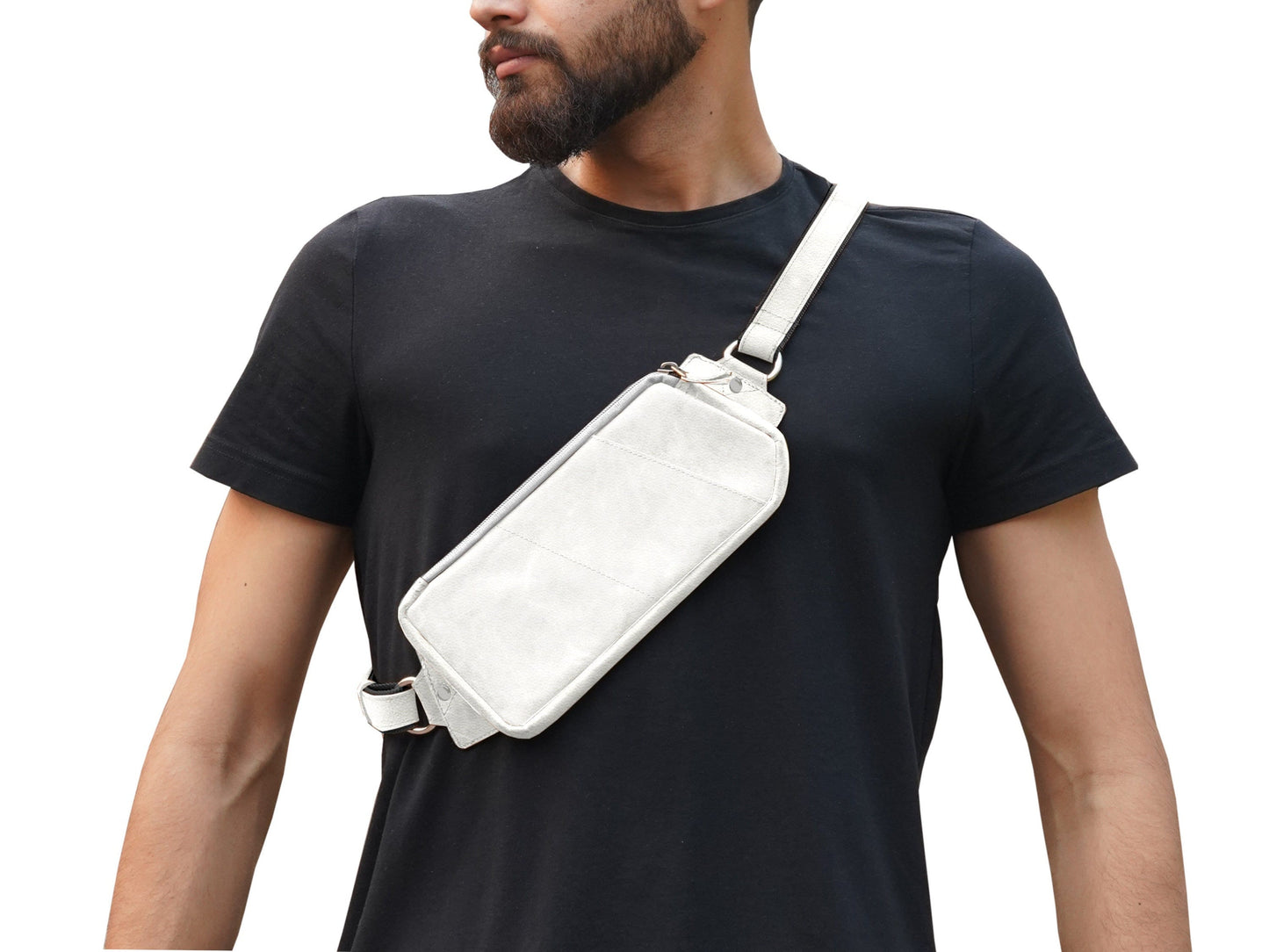 Leather Cross Body Bag Man Chest Bag in White Leather